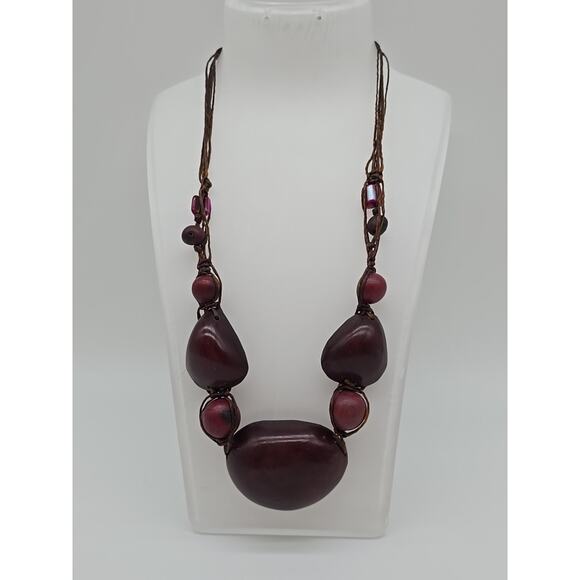 Tribal Plum Purple Artisan Tagua Nut Wrapped Bead Necklace Button Toggle Closure - Picture 1 of 16